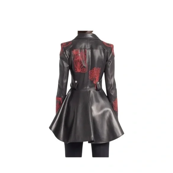 Alexander McQueen Zip Front Embroidered Peplum Leather Moto Jacket, Black, IT38 - Picture 9 of 12